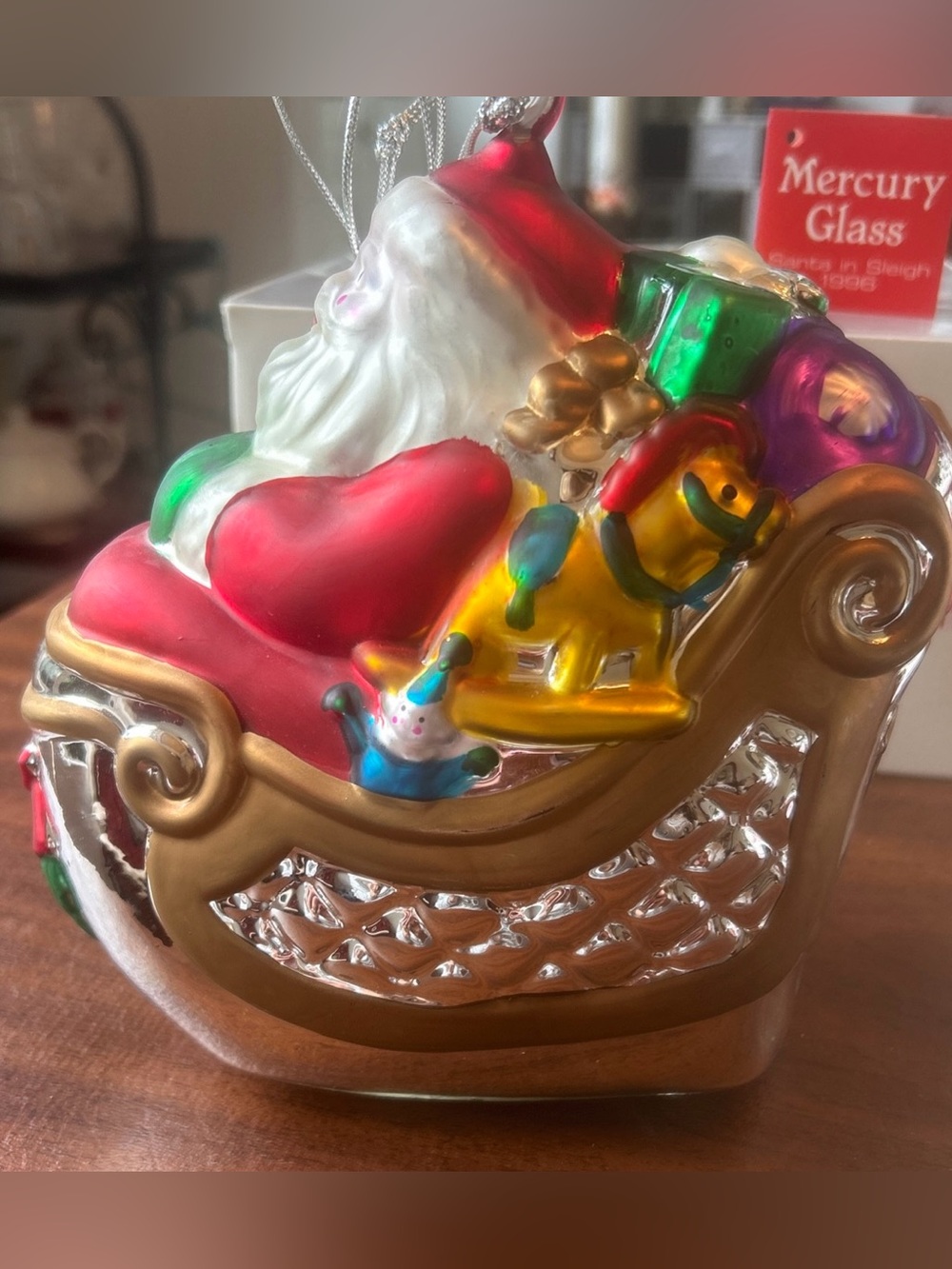 1996 Department 56 hand-blown mercury glass "Santa in Sleigh" Christmas ornament